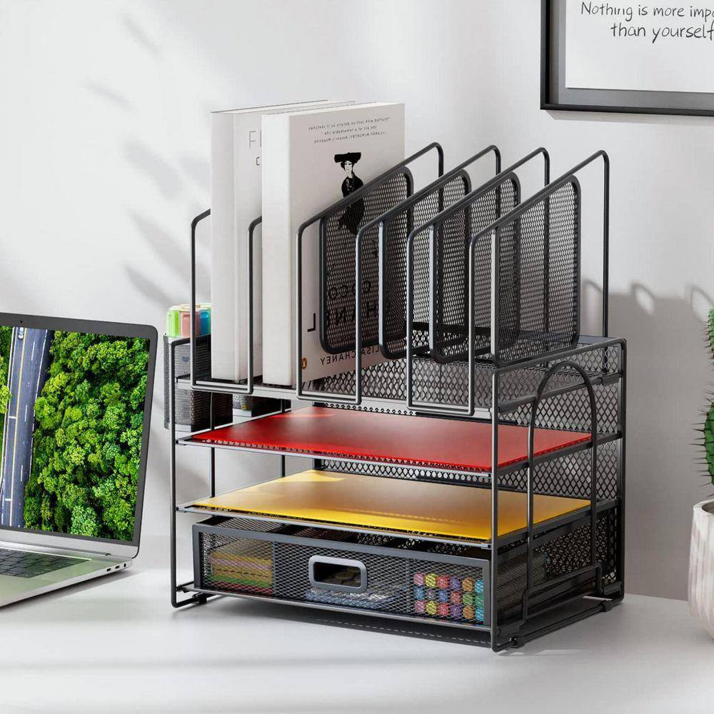 16.14 In. X 12.85 In. Desk Organizers, 4-Tier Mesh Desk File with 5 Vertical Fil