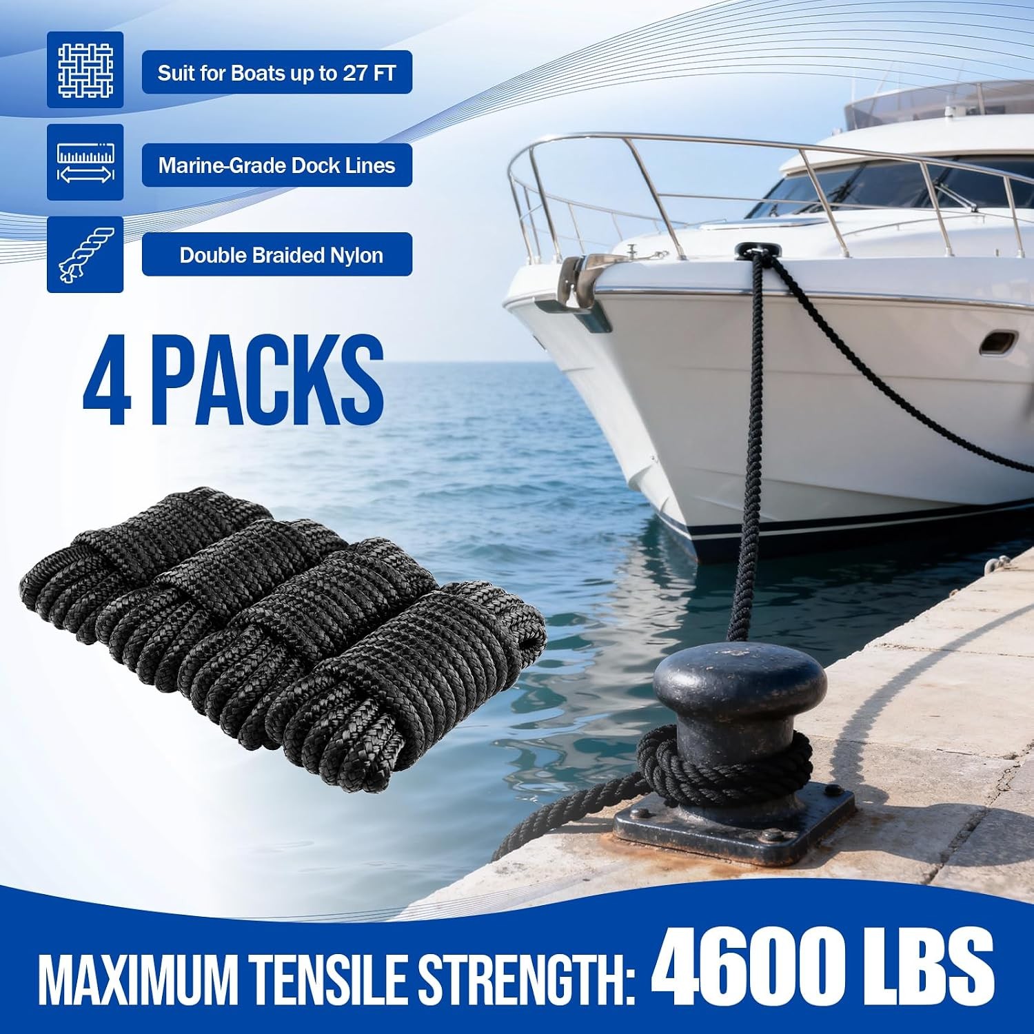 4pc 3/8″ x 15 FT Boat Dock Lines Nylon Double Braided Mooring Rope 12″ Black