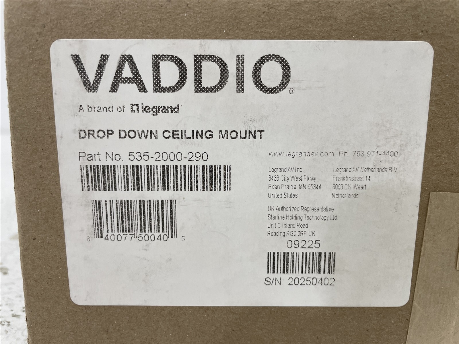 Open Box Vaddio Drop Down Ceiling Mount 535-2000-290 for PTZ Cameras