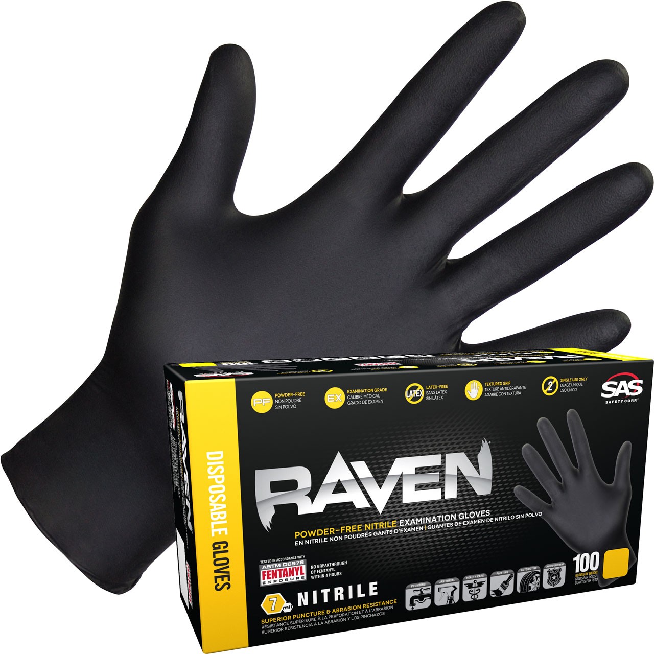 Raven Safety 66517 Raven Nitrile Disposable Gloves 7 Mil, Box of 100, Medium