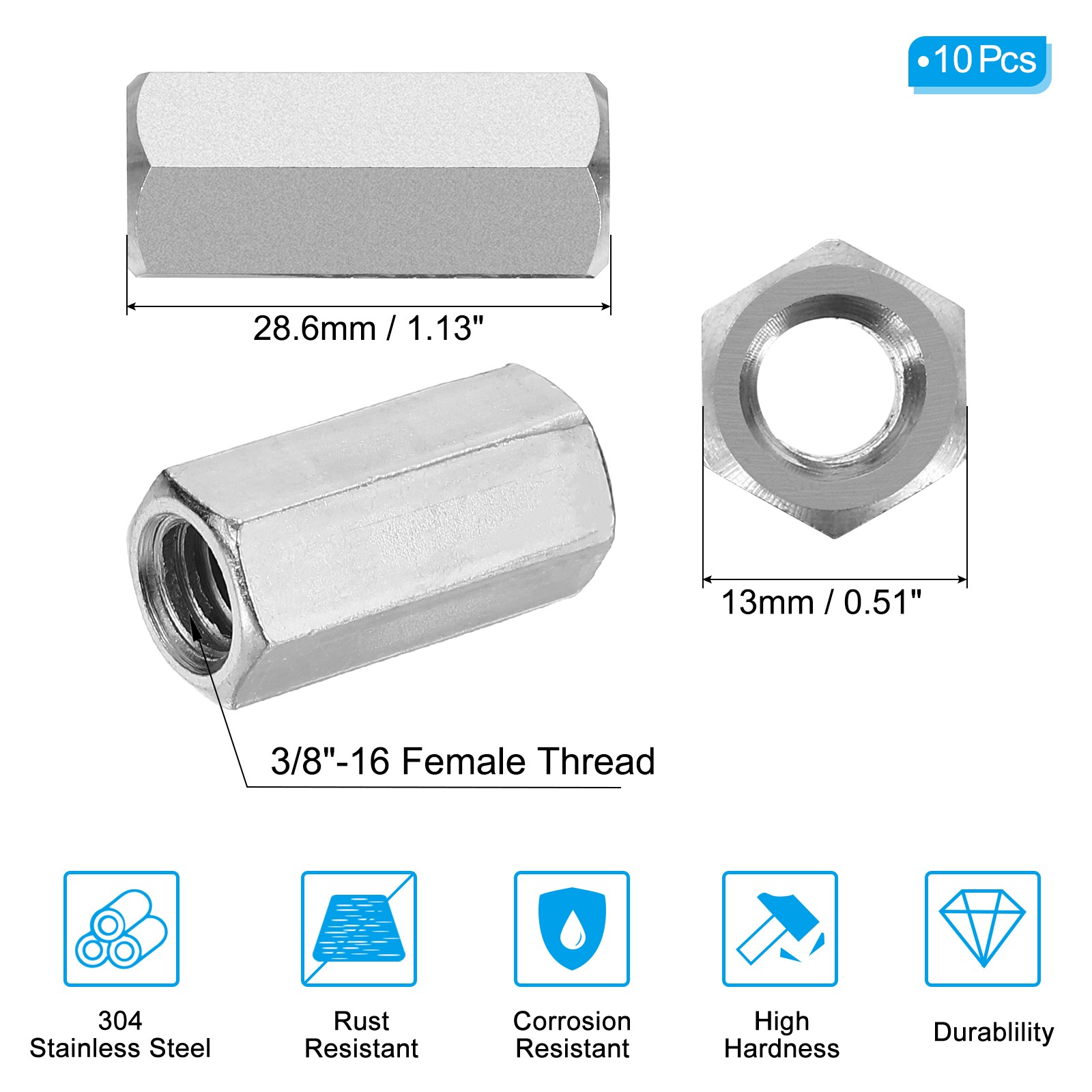 10Pcs 3/8″-16 UNC Hex Coupling Nuts 1.13″ Long Fully Threaded Rod Coupling Nut