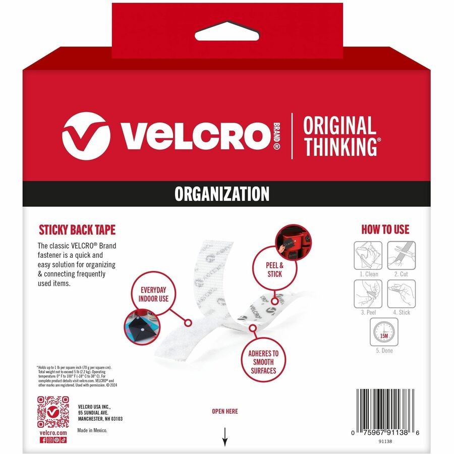 Velcro VEK91138 Sticky Back Hook Loop Fastener 0.75″ x 30ft White