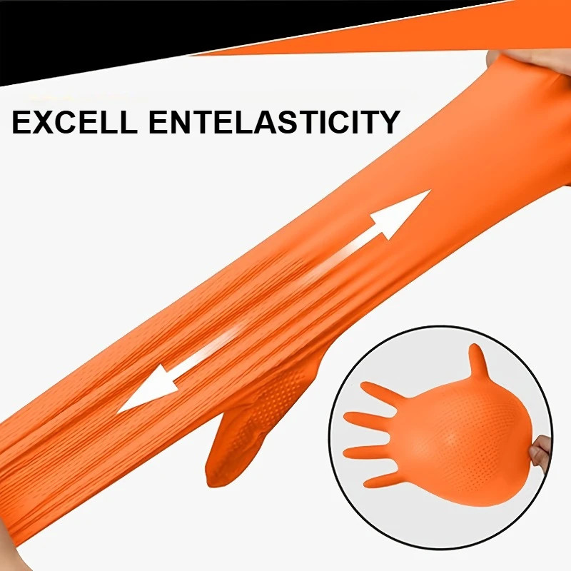 8 Mil Heavy Duty Orange Nitrile Gloves Diamond Textured Disposable Work Mechanic