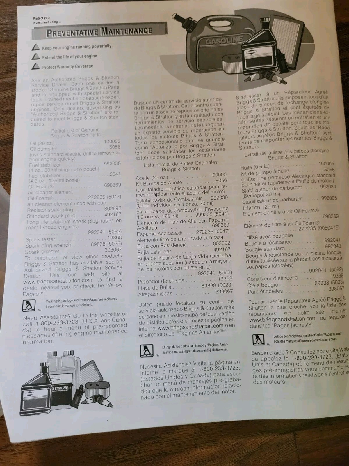 Briggs & Stratton Engine Operating Manual Model Series 90000, 100000 Date 2005
