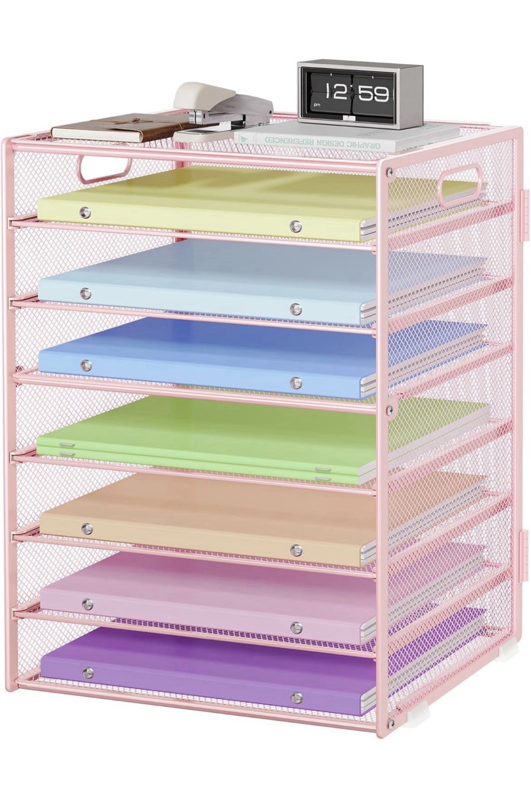 8-Tier Letter Tray Desk Paper Organizer, Mesh File Sorter Tray Organizer – Pink