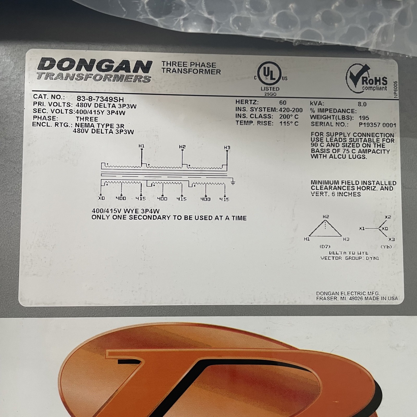 Dongan 8 kVA Transformer 480V to 400/415Y – 3 Phase 83-8-7349SH
