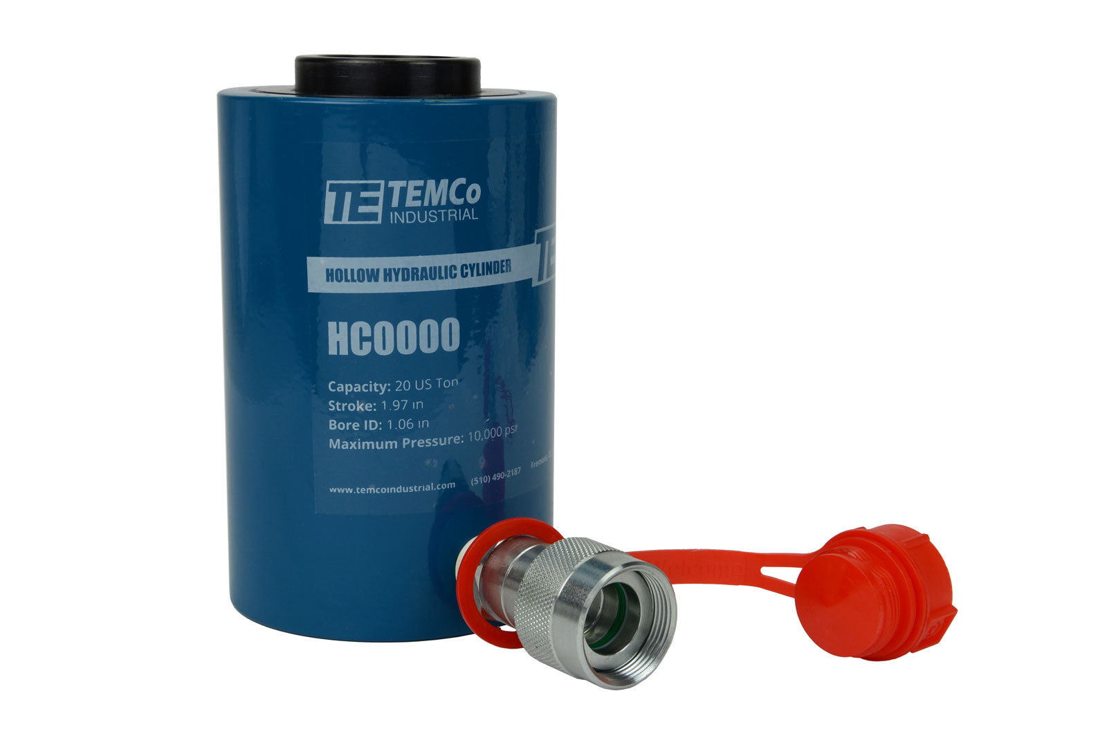 TEMCo Hollow Hydraulic Cylinder Ram 20 TON 2 In Stroke 5 YEAR Warranty