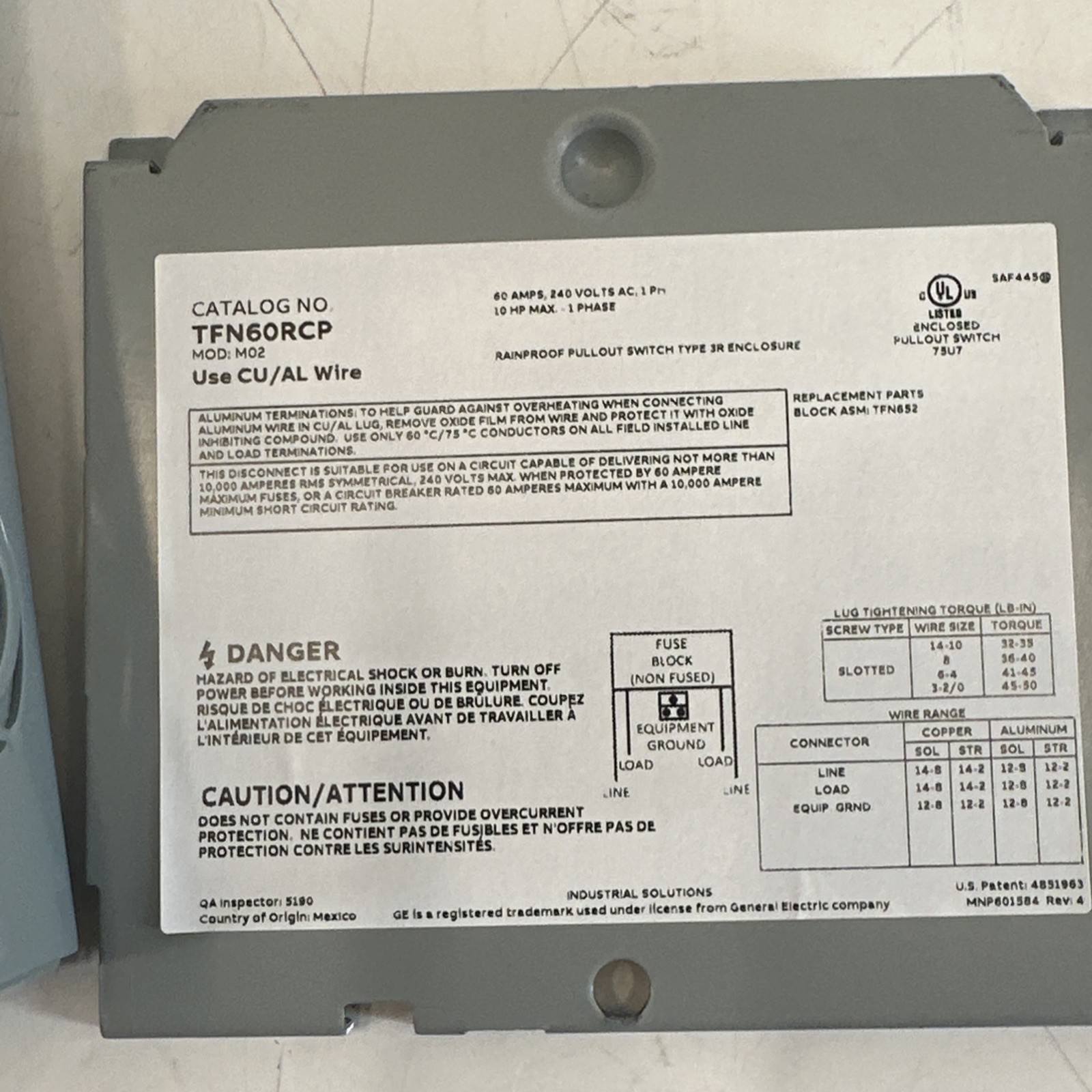 GE 60 Amp Non Fusible Air Conditioner Disconnect TFN60RCP Gray
