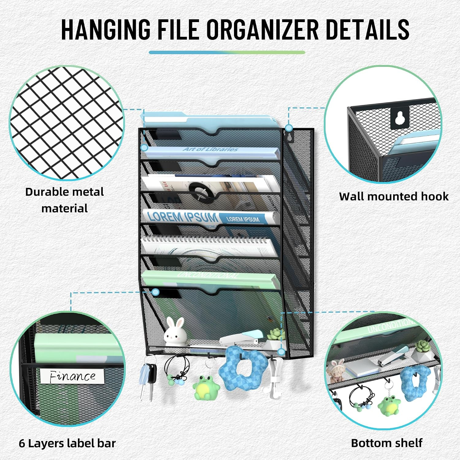 Wall File Organizer, 7 Tier Hanging File Organizer with 5 Hooks, Wall Mounted Ma