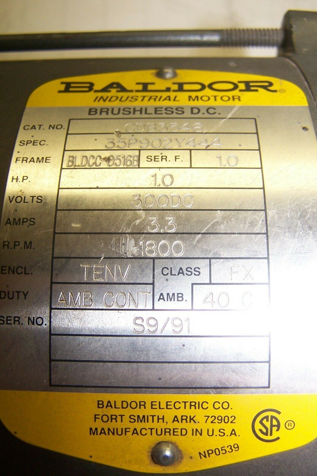 BALDOR 1 HP BRUSHLESS DC MOTOR 1800 RPM 300 VDC BLDCC 0516B FRAME CDB3546