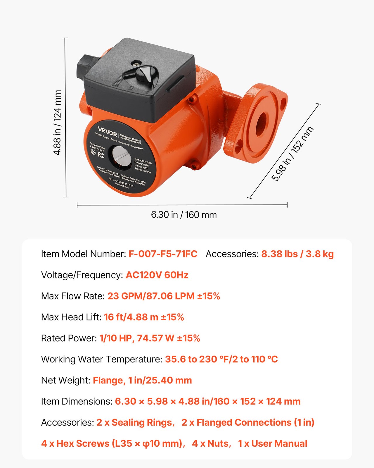 VEVOR F-007-F5-71FC Cast Iron Circulator Pump Hot Water Circulation 1/10HP 23GPM