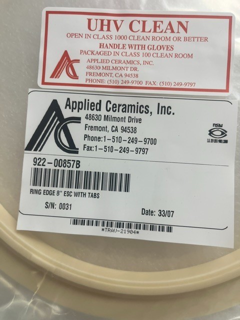 APPLIED CERAMICS EDGE RING 8″ ESC WITH TABS, 922-00857B, NOS