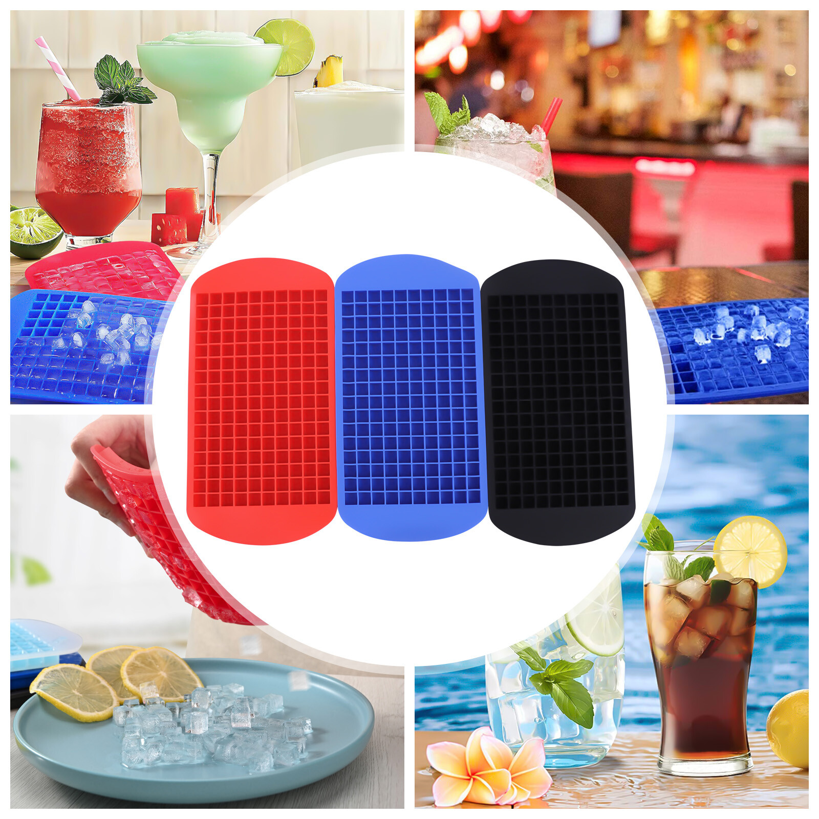 3 Pcs 9.44*4.72in Silicone Square Blue& Red& Black Mini Ice Cube Trays Molds