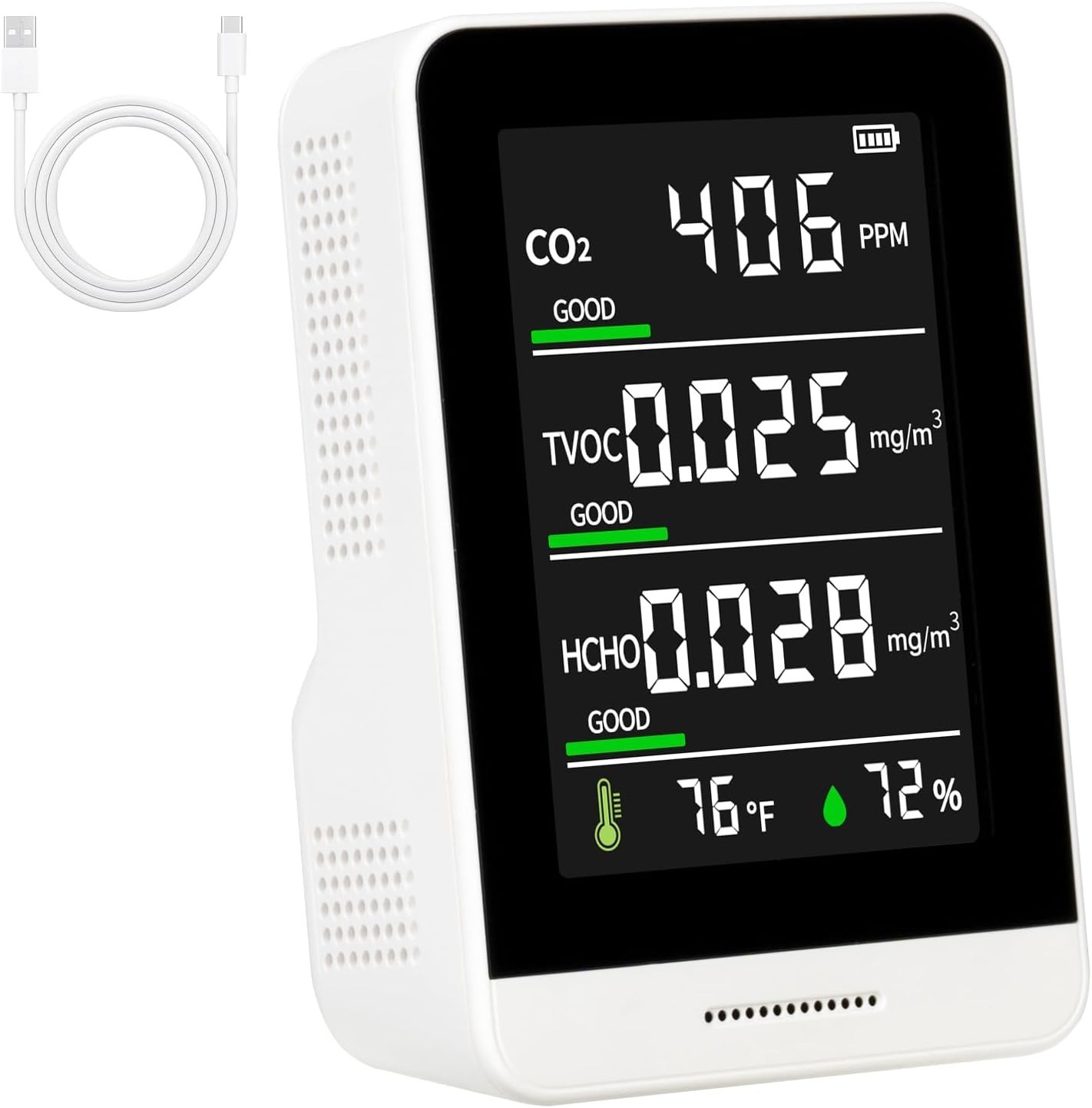 5-in-1 Air Quality Monitor Indoor for CO2/HCHO/TVOC/Temp/Hum, Portable Real-time