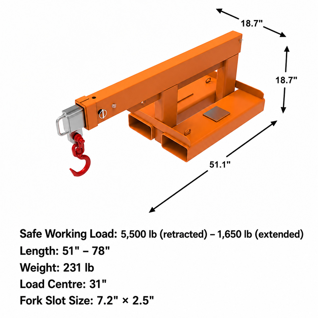 5500 lb Forklift Jib Boom Crane–78″ Extended Reach, Heavy Duty for Pallet Forks