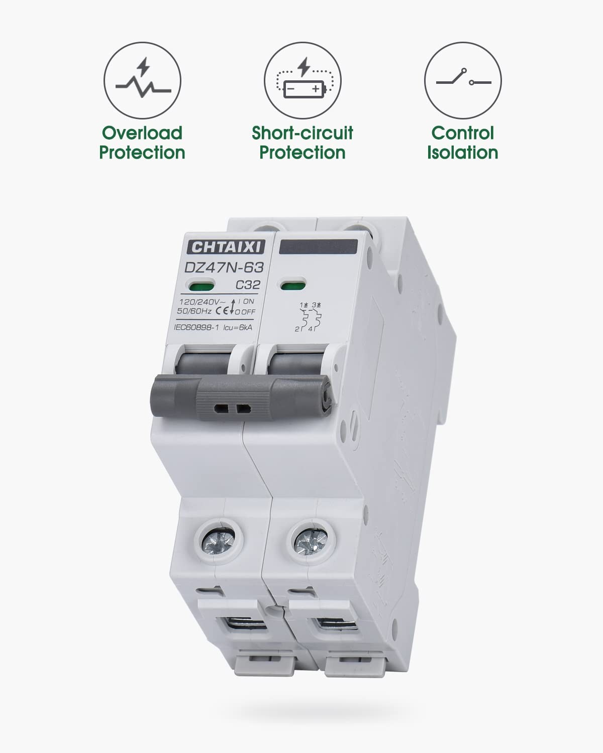 AC Miniature Circuit Breaker, 32 Amp 120V/240V 2 Pole DIN Rail Mount Circuit Bre