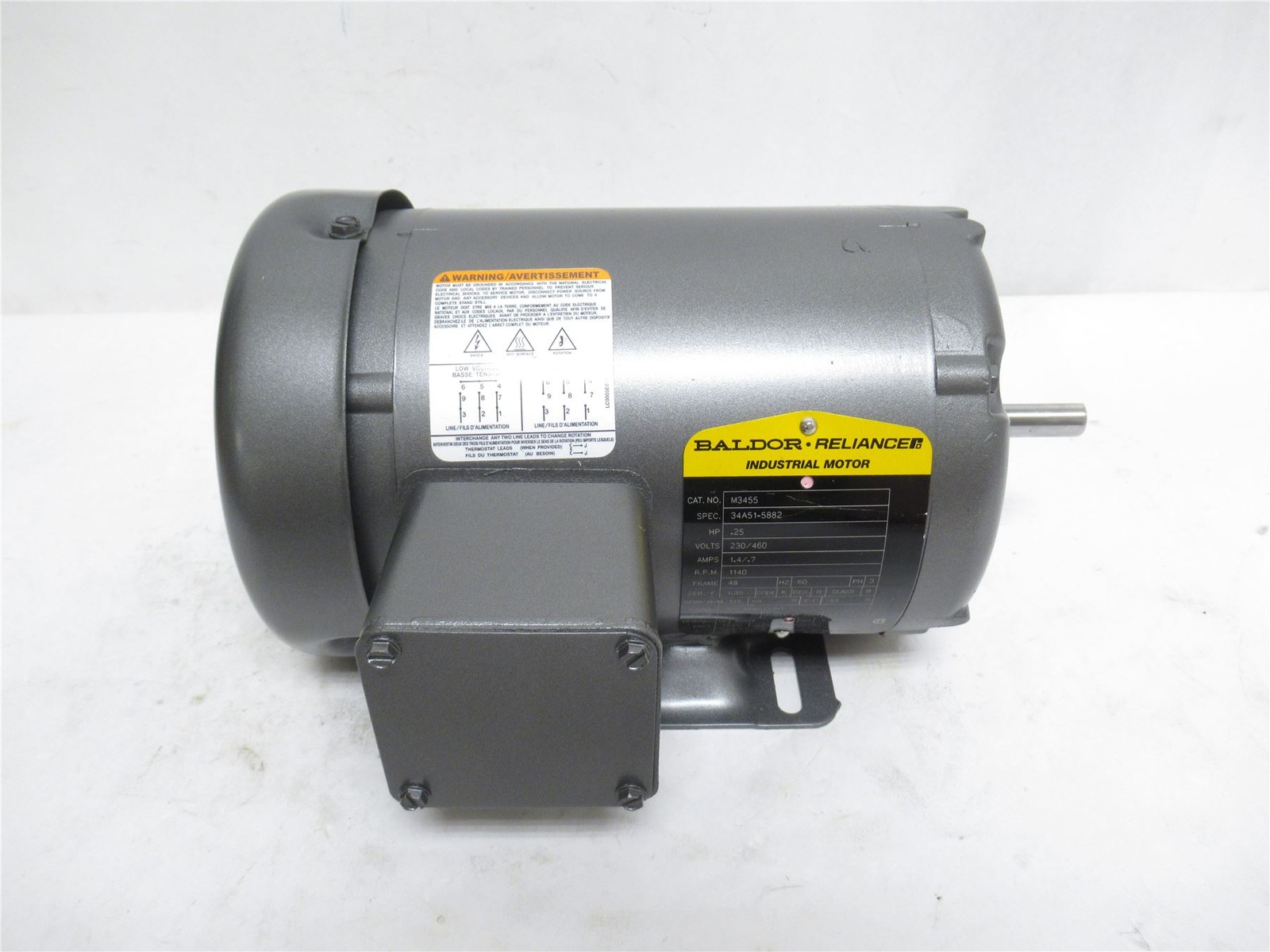 242133 New In Box; Baldor M3455 AC Motor; 1/4HP; 230/460V; 1140RPM; 3PH; 60HZ