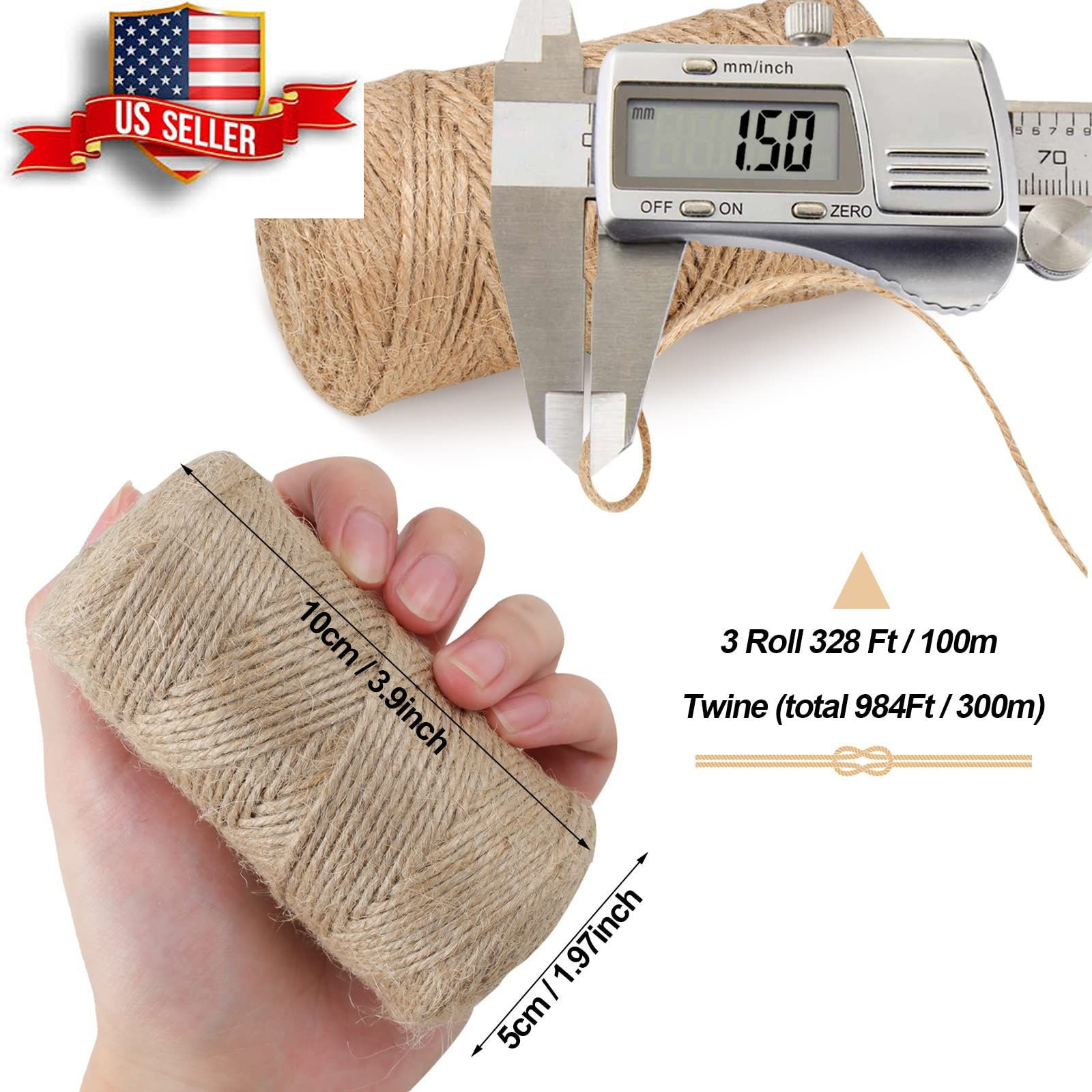 984 FT Natural Jute Twine, 3ply Thin Ribbon Hemp Twine,Yellow,From USA