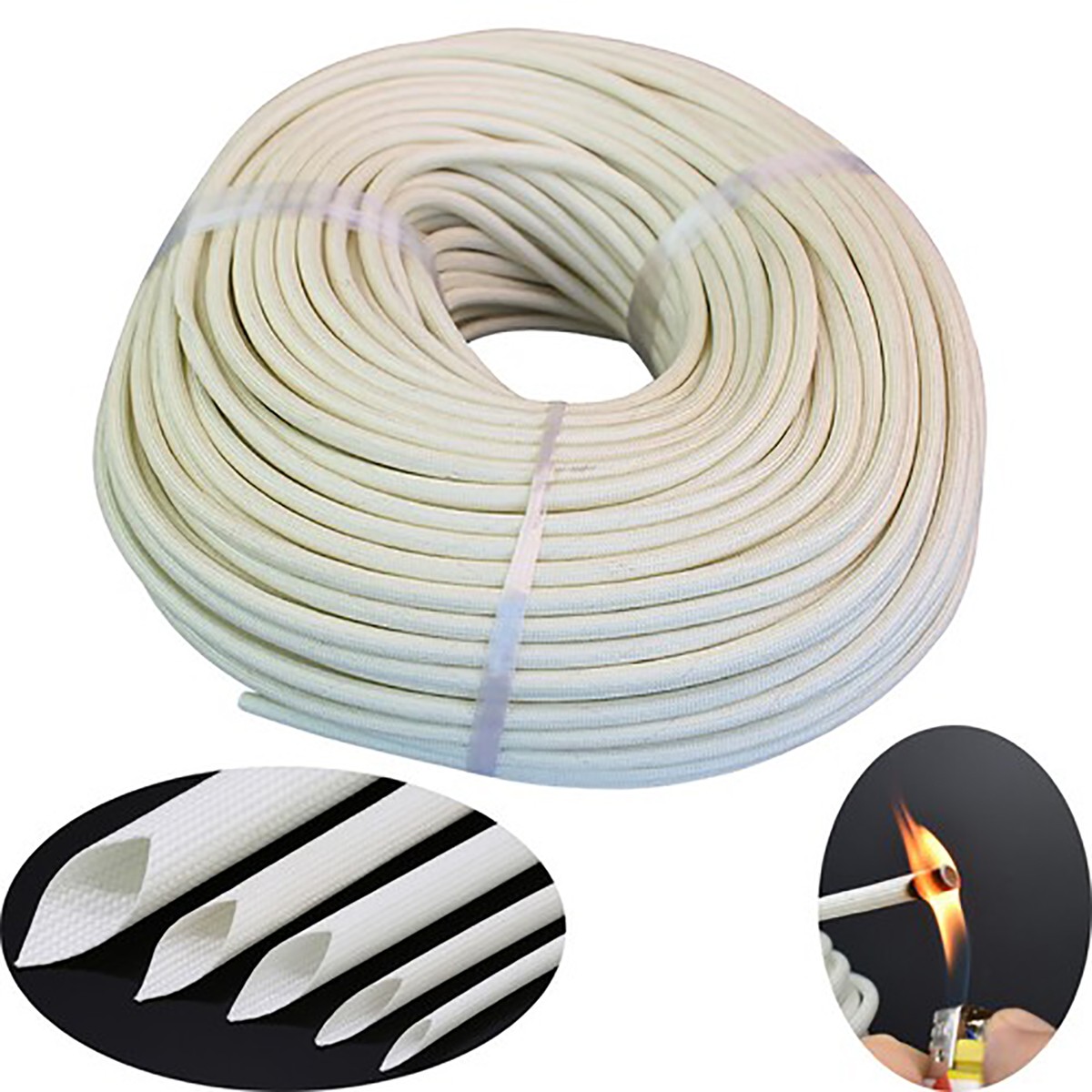 White Heat Resistant Sleeving Cable Wire HIGH TEMP Fiberglass Sleeve ID 1mm-50mm