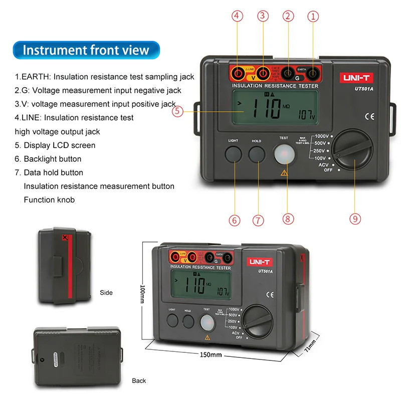 UNI-T UT501A Megger 1000V 5GΩ PI/DAR Insulation Tester Auto Discharge AC/DC