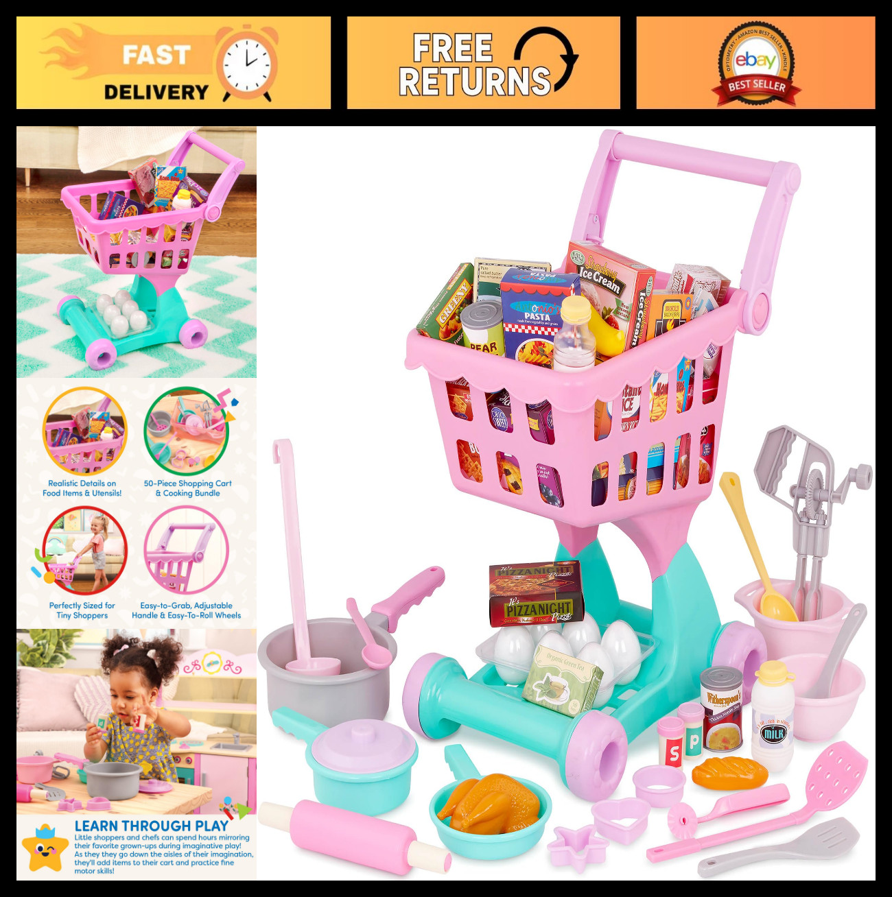 Kids Shopping Cart & Grocery Set – Toy Food Play Kitchen – Pretend Play 3+ Years