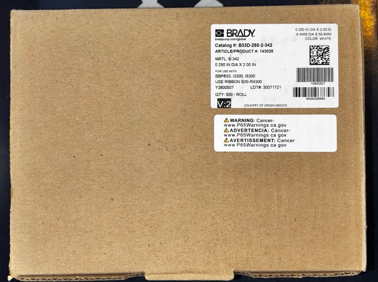 Brand New BRADY B33D-250-2-342 .250” X 2” 500 White Labels per Roll 96865