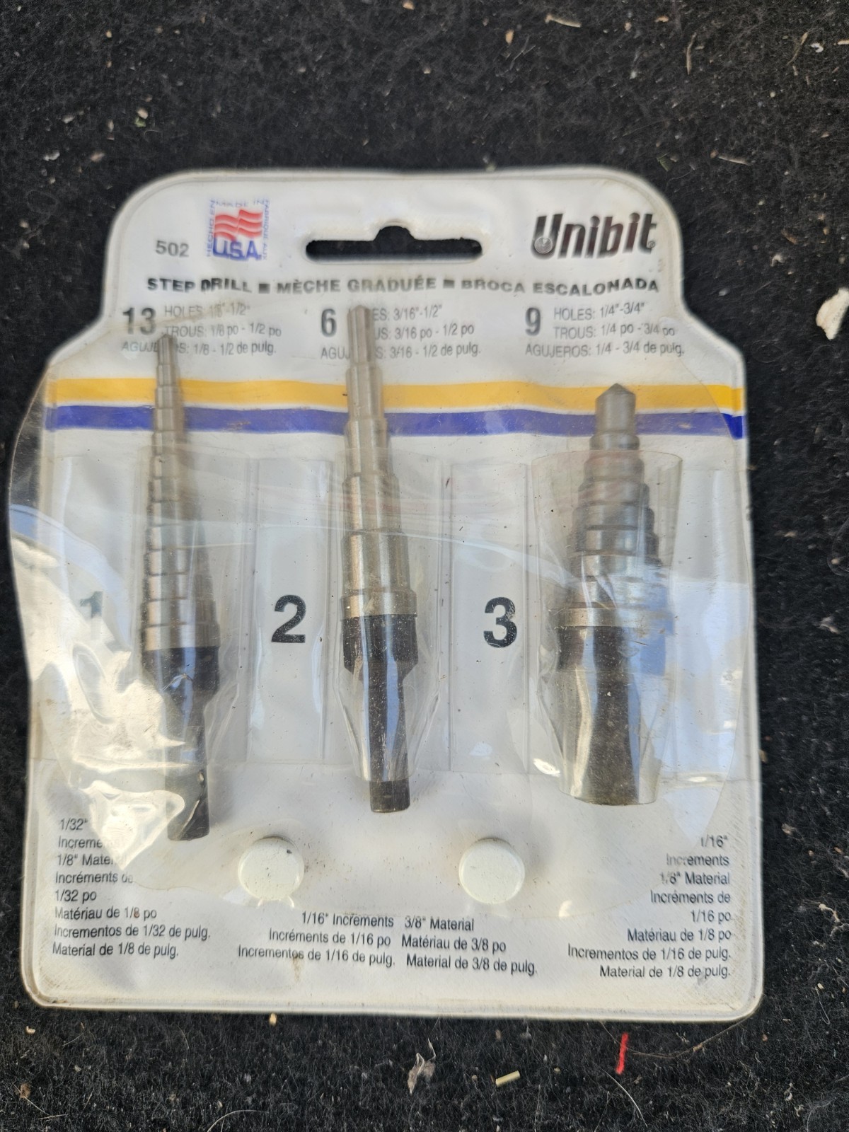 RARE Vintage Unibit 502 3-Piece Step Drill Bit Set NOS Made in USA #1 #2 #3