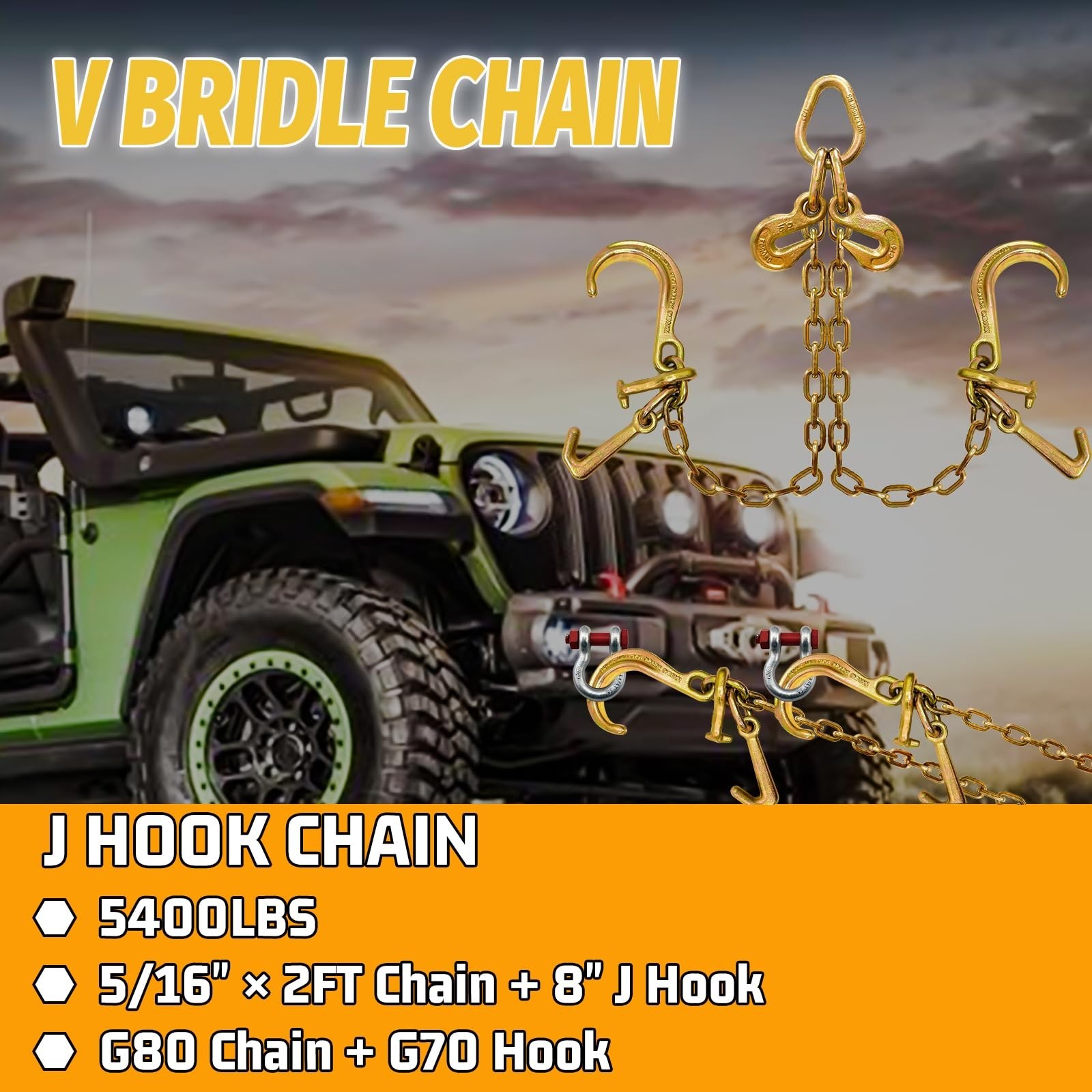 G80 V Bridle Chain 5/16 in × 2 Ft Tow Chain with 8 in J Hooks and Grab Hook