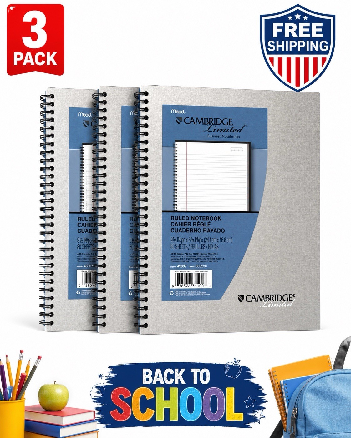 3 Pack Mead Cambridge Limited Business Notebook 80 Sheets Ruled Spiral 9.5×6.5
