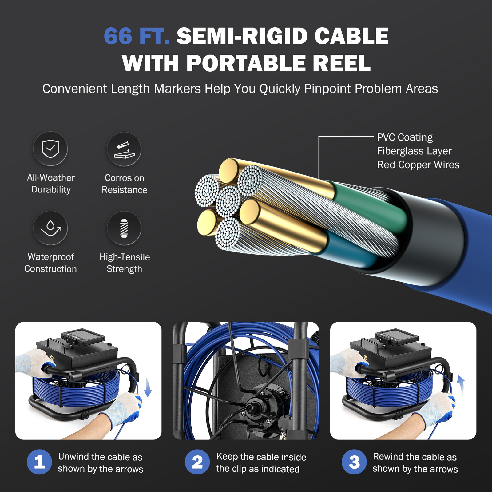 4.3 in. Sewer Inspection Camera with 66ft/20m Cable 12 LED Lights Length Marker