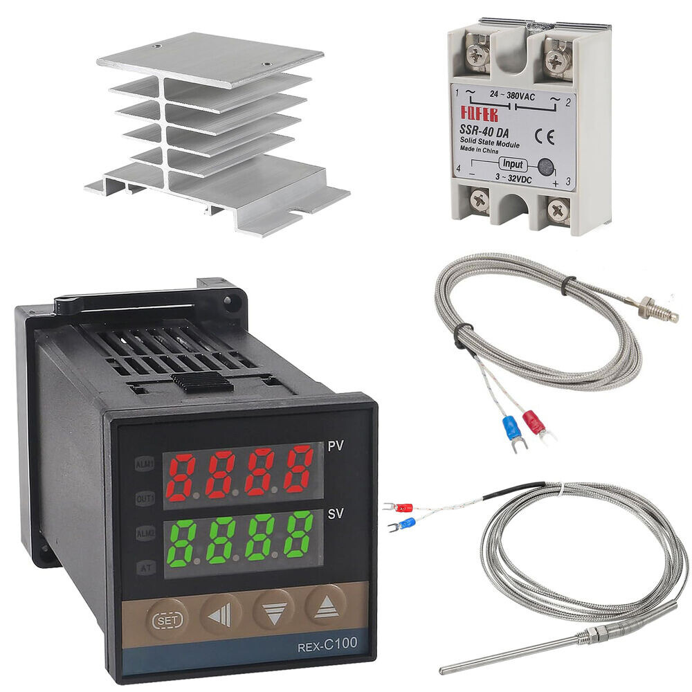 110-240VAC PID REX-C100 Temperature Controller SSR-40A Thermocouple Heat Sink