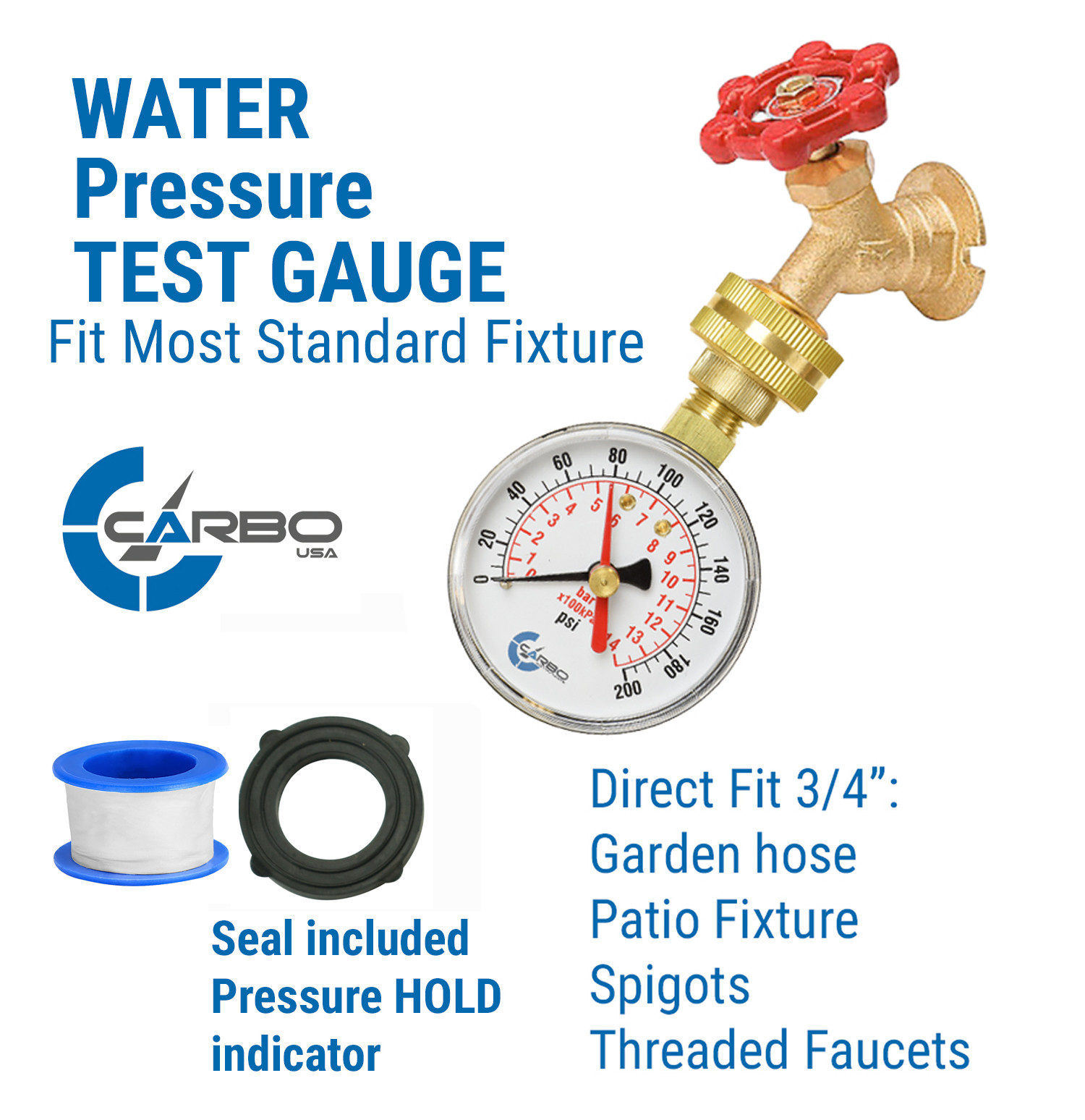 CARBO Instruments 2-1/2″ Water Pressure Test Gauge 200 psi, 3/4″ Female Hose