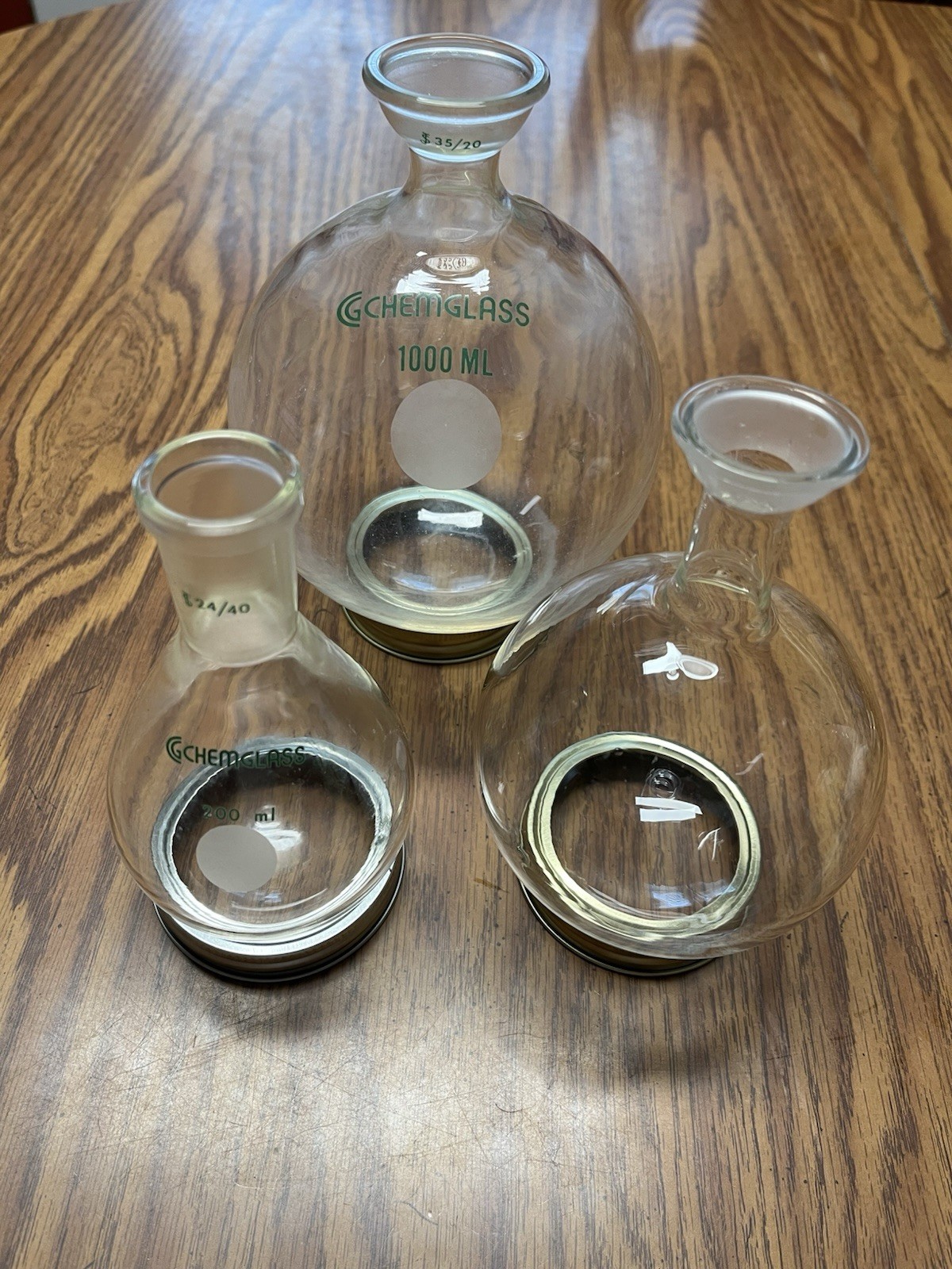 Lot Of 3 1000ml 500ml 200ml Heavy Walled Round Bottom Flasks Chemglass