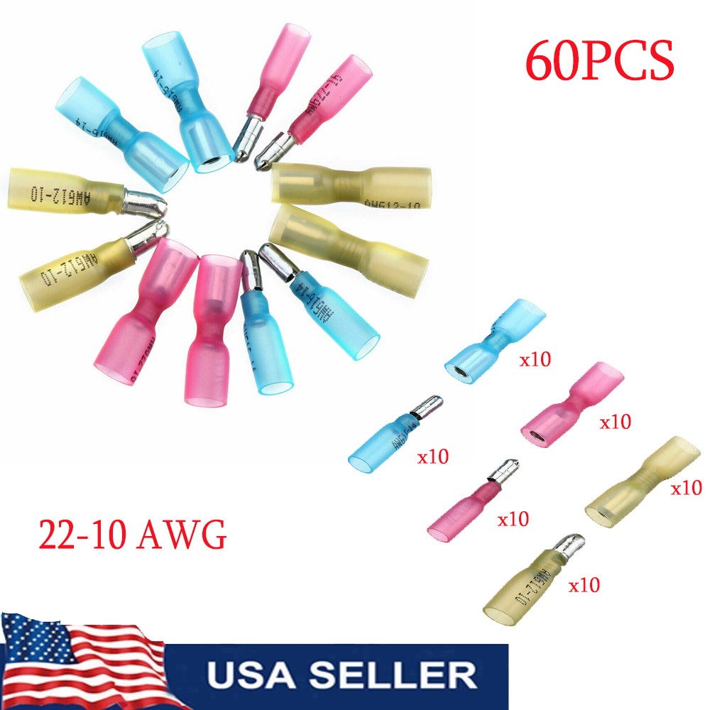 Heat Shrink Bullet Female Male Wire 22-10WAG Connector Crimp Terminal Kit 60PCS