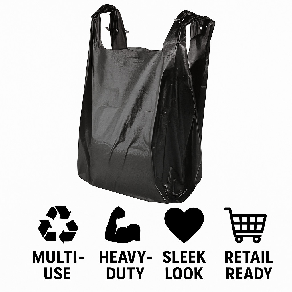 Black 1/6 T-Shirt Grocery Bags 21 x 6.5 x 11.5 Plastic Shopping Bags 0.87 Mil