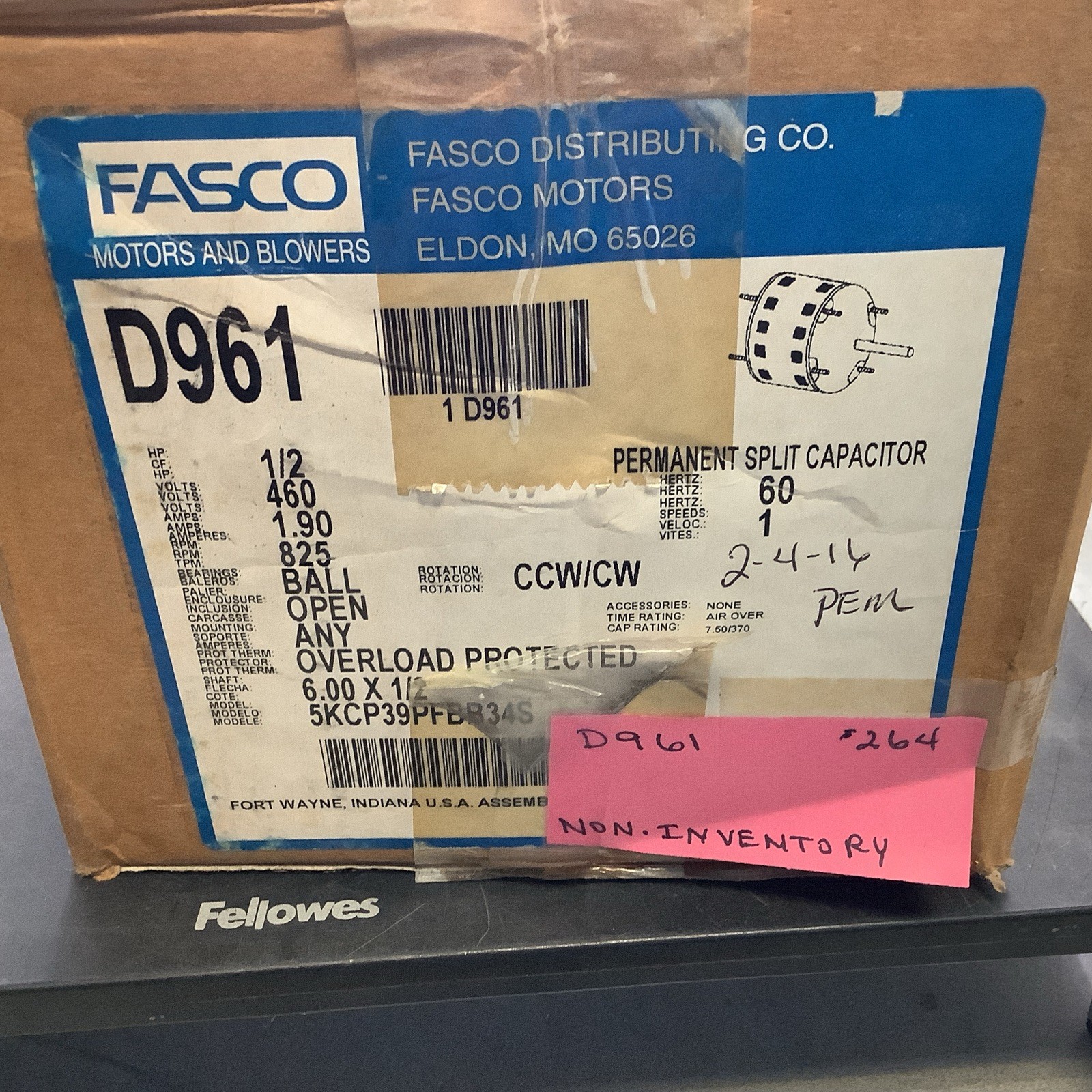Fasco D961 Motor – 1/2HP, 460V, 1.90AMPS, 825RPM
