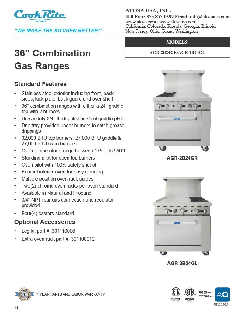 Atosa AGR-2B24GL-NG 36″ Range 2 BURNERS 24″ GRIDDLE OVEN NAT GAS
