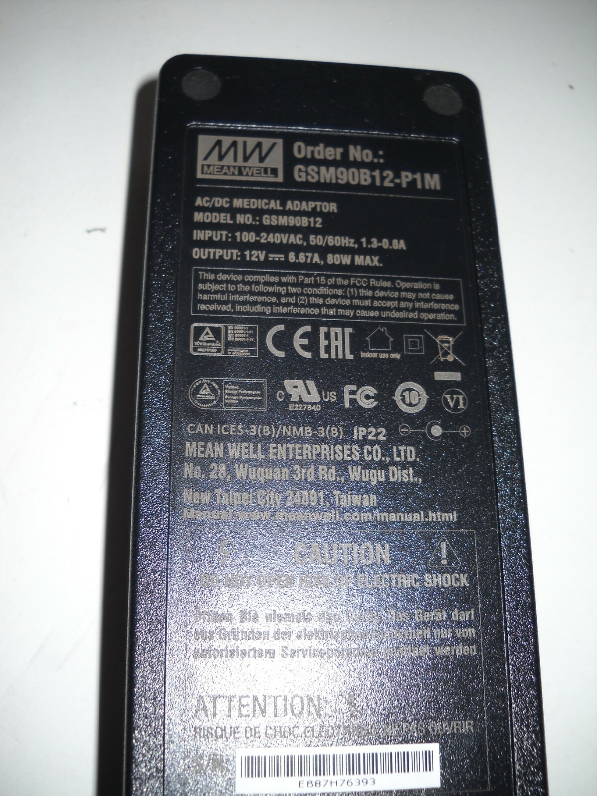 Mean Well GSM90B12-P1M Desktop Medical Class II AC/DC Power Supply 80W 12V 6.67A