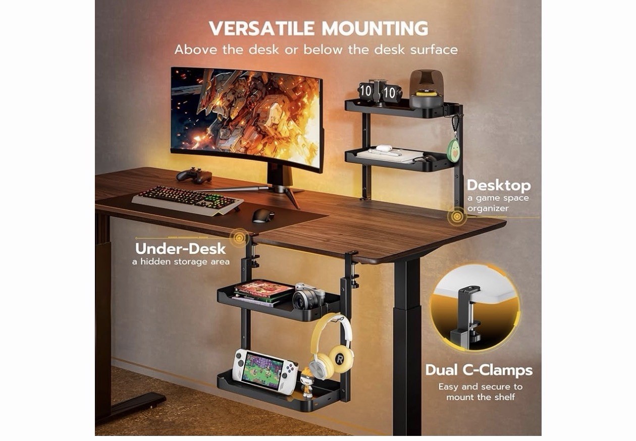 ARES WING 2-Tier Clamp-On Metal Desktop Organizer Shelf 18.1in x 8.7in GOG1004BK