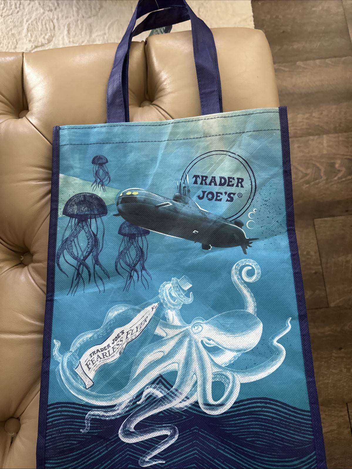 NWT Trader Joe’s Bag Reusable Shopping Ocean Theme Recycled Plastic Blue