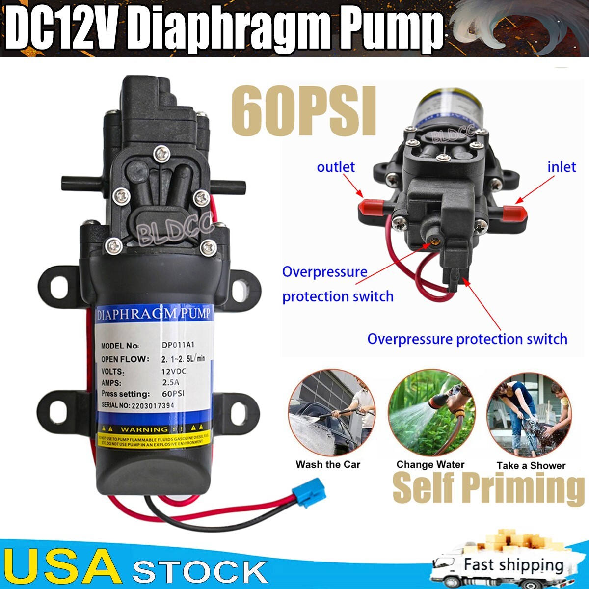 High Pressure 60PSI DC 12V Water Pump Self Priming Sprayer Diaphragm Auto Switch