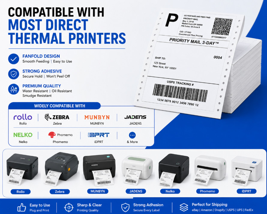 4″x6″ Fanfold Direct Thermal Shipping Labels for Zebra and Rollo Printers 500 PC