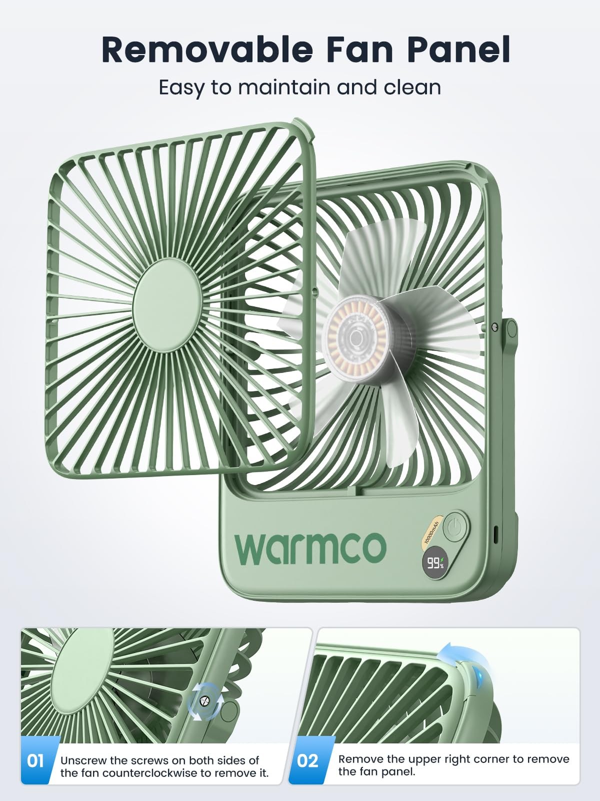 Warmco 10000mAh Portable Travel Fan 7-inch, 1.6″D x 7.0″W x 8.4″H, Sage Green