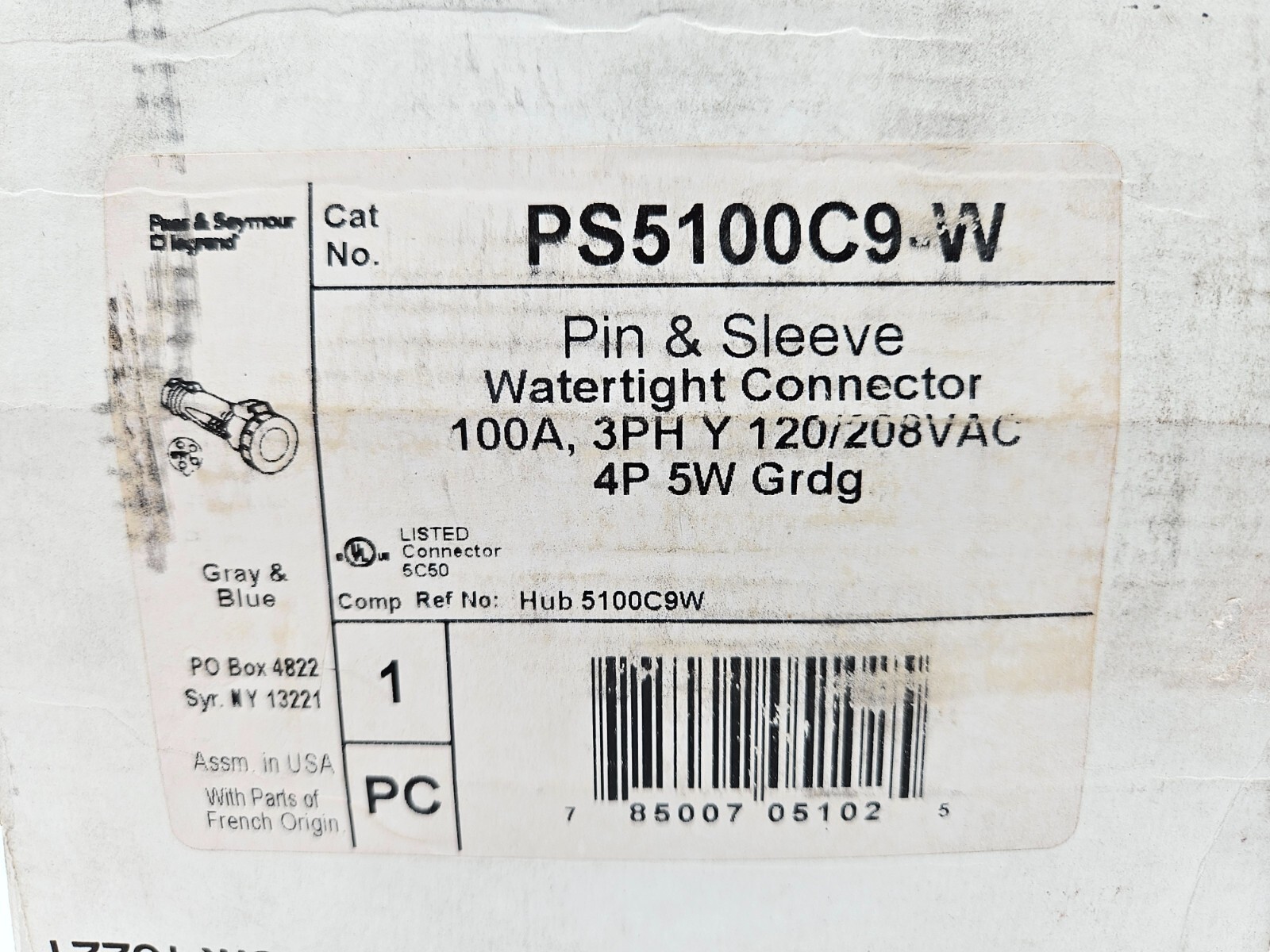 Pass & Seymour PS5100C9-W Pin & Sleeve Watertight Connector, 100A, 120/208V