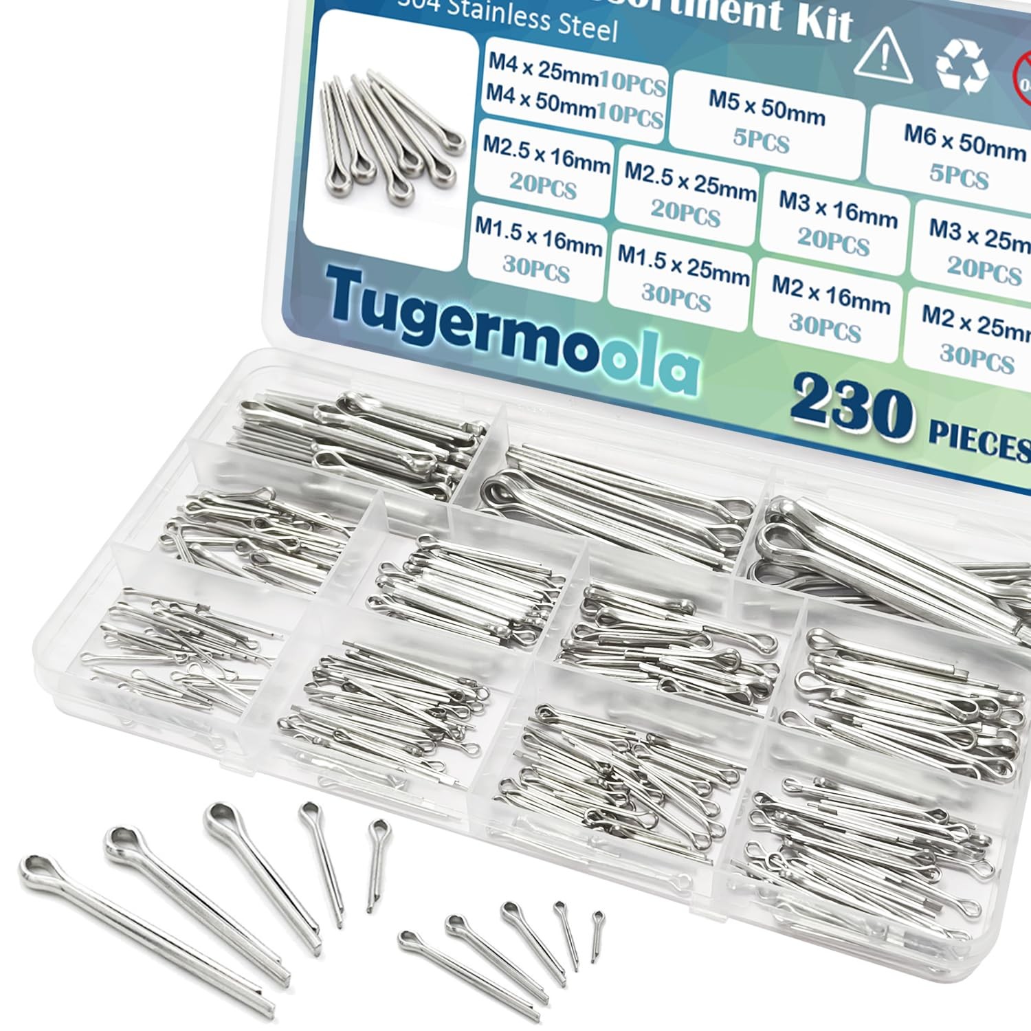 230PCS Cotter Pins Assortment Kit 304 Stainless Steel Split Pin.12 Sizes