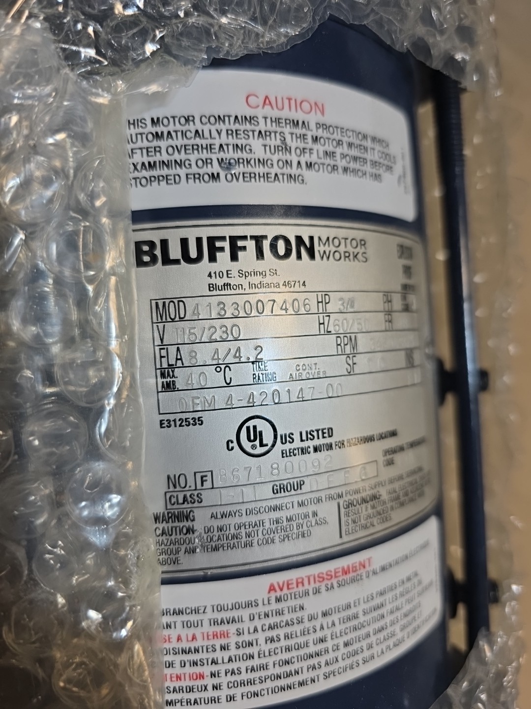 Bluffton 4133007406 3/4hp Explosion Proof Motor 1 Phase 115/230v 3450/2875 RPM