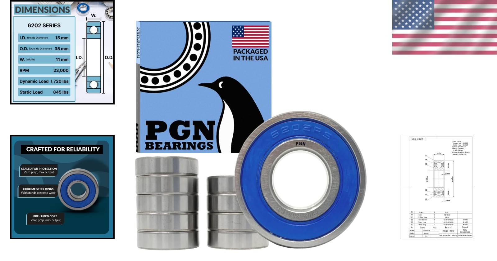 PGN 10 Pack Chrome Steel Sealed Ball Bearings – High RPM & Durability 15x35x11