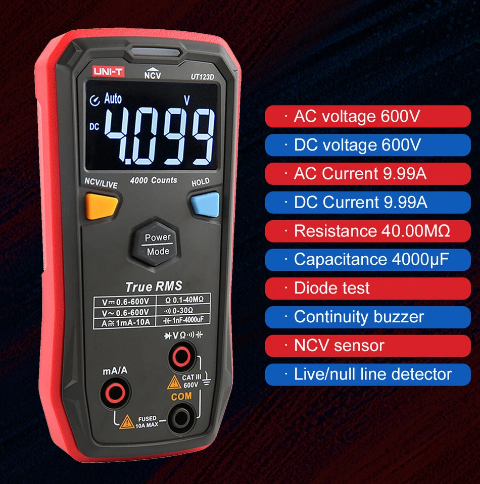 UT123D Digital Multimeter, Smart, True Rms, CAT III 600V, 4000 counts