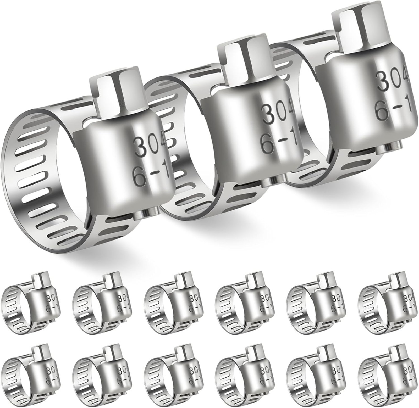Hose Clamp Set, Stainless Steel, 15 Pieces, Adjustable 1/4 to 7/16 Inches