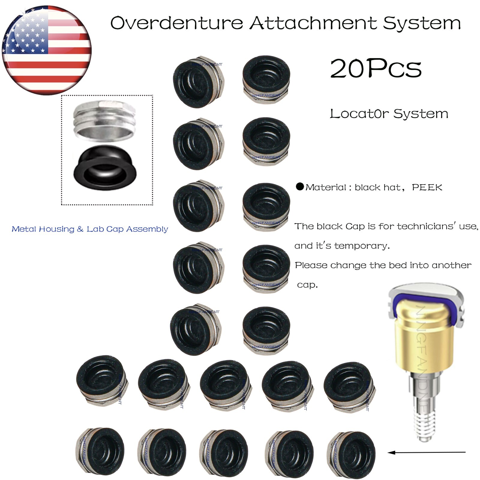 US Dental Locator Overdenture Abutment Retention Cap Male caps Inserts set